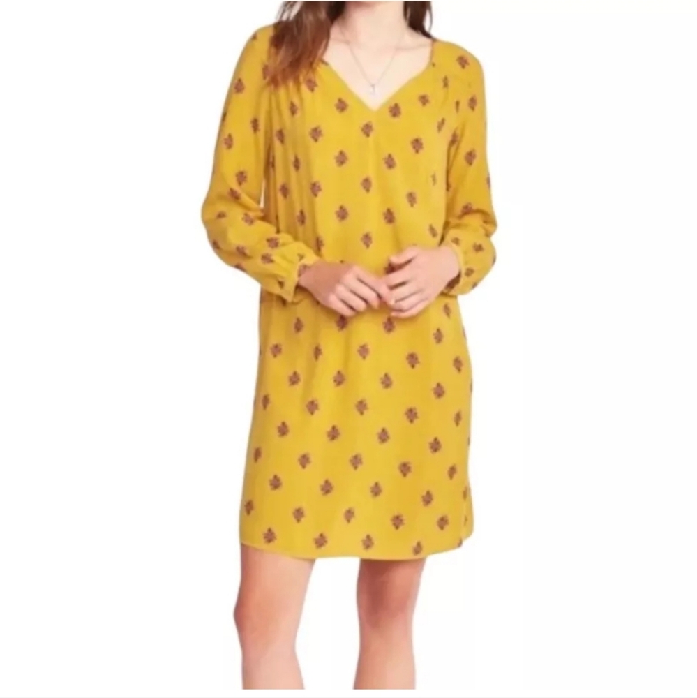 OLD NAVY Aztec Print Shift Dress Mustard Yellow Long  Sleeves V-neck NWT Sz XXL